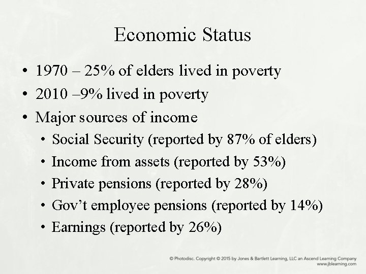 Economic Status • 1970 – 25% of elders lived in poverty • 2010 –