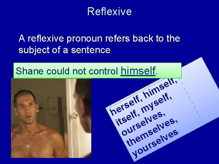 Reflexive A reflexive pronoun refers back to the subject of a sentence Shane could