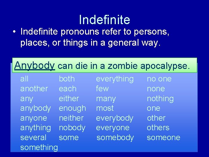 Indefinite • Indefinite pronouns refer to persons, places, or things in a general way.