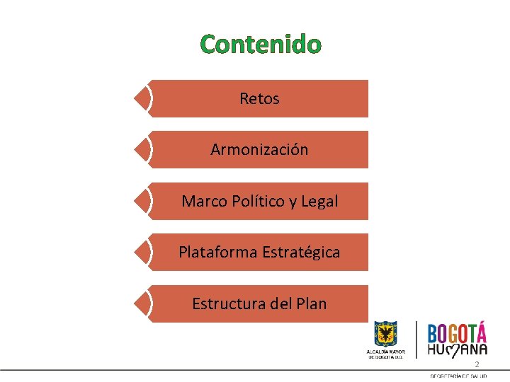 Contenido Retos Armonización Marco Político y Legal Plataforma Estratégica Estructura del Plan 2 