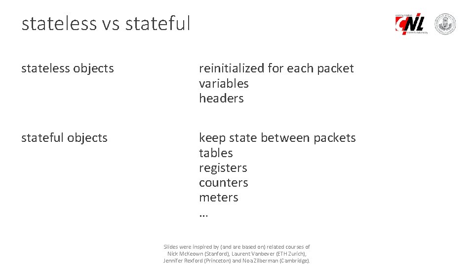 stateless vs stateful stateless objects reinitialized for each packet variables headers stateful objects keep