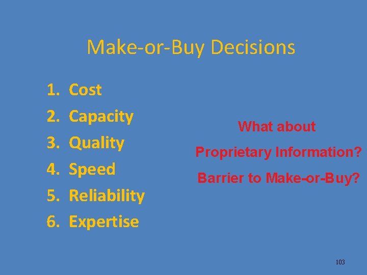 Make-or-Buy Decisions 1. 2. 3. 4. 5. 6. Cost Capacity Quality Speed Reliability Expertise