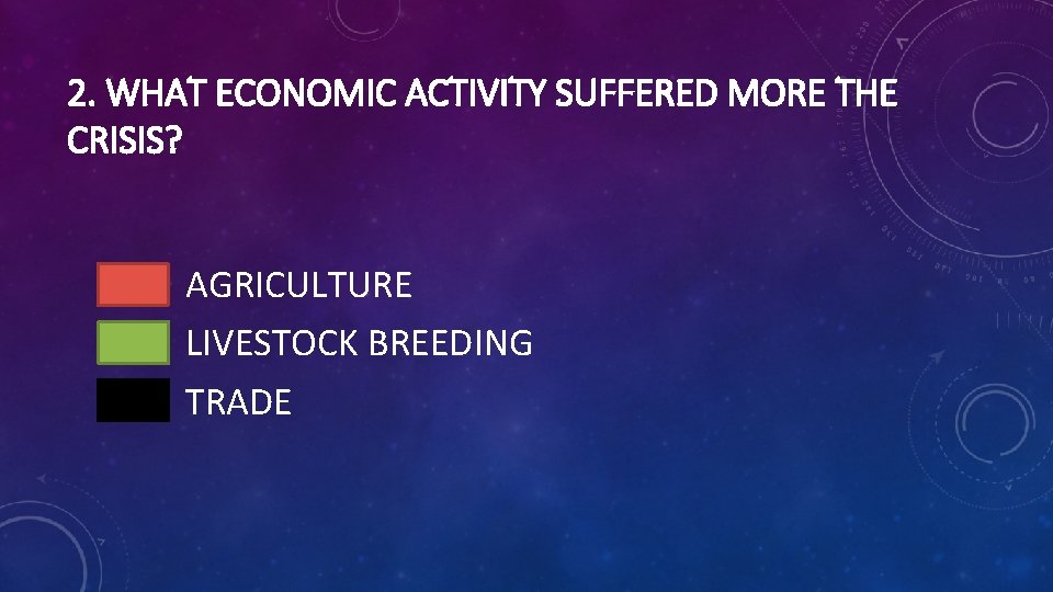 2. WHAT ECONOMIC ACTIVITY SUFFERED MORE THE CRISIS? AGRICULTURE LIVESTOCK BREEDING TRADE 