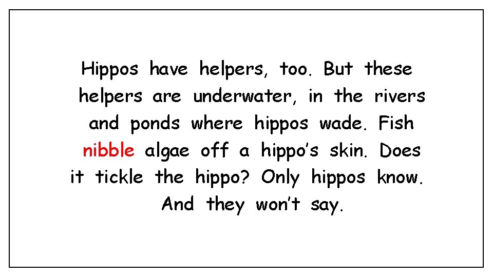 Hippos have helpers, too. But these helpers are underwater, in the rivers and ponds