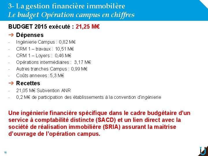 3 - La gestion financière immobilère Le budget Opération campus en chiffres BUDGET 2015