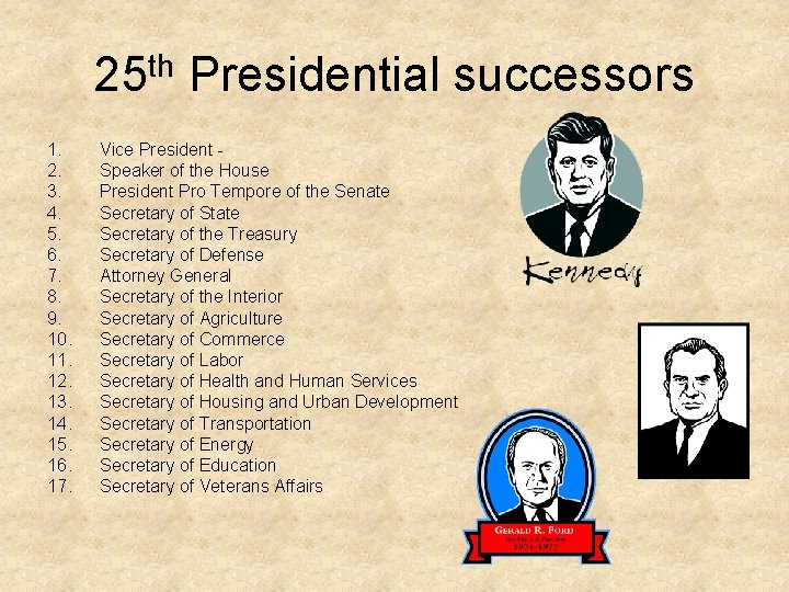 25 th Presidential successors 1. 2. 3. 4. 5. 6. 7. 8. 9. 10.