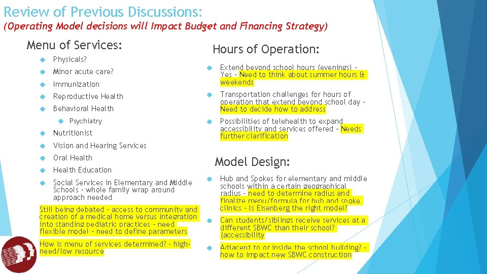 Review of Previous Discussions: (Operating Model decisions will Impact Budget and Financing Strategy) Menu