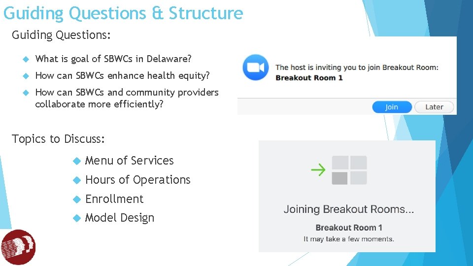 Guiding Questions & Structure Guiding Questions: What is goal of SBWCs in Delaware? How