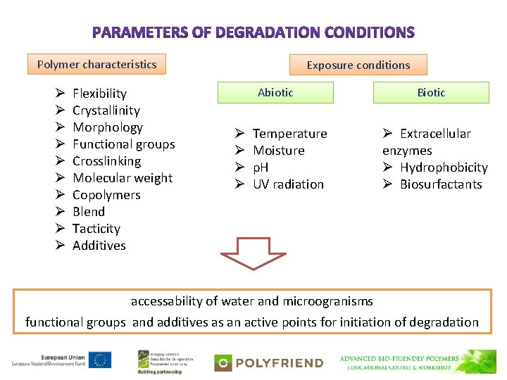 Polymer characteristics Ø Ø Ø Ø Ø Flexibility Crystallinity Morphology Functional groups Crosslinking Molecular