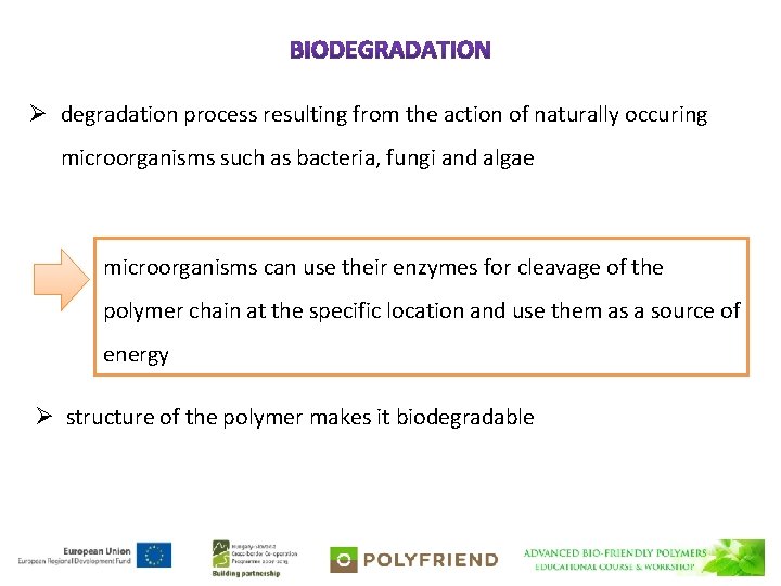 Ø degradation process resulting from the action of naturally occuring microorganisms such as bacteria,