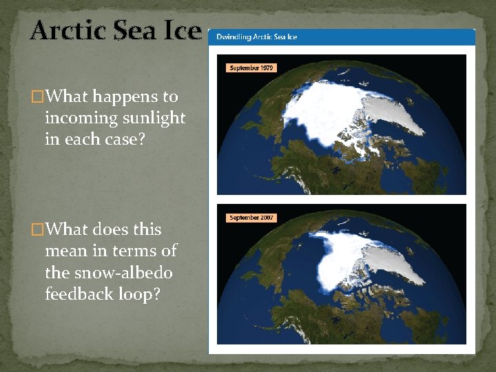 Arctic Sea Ice �What happens to incoming sunlight in each case? �What does this