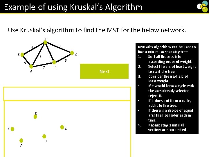 Example of using Kruskal’s Algorithm Use Kruskal’s algorithm to find the MST for the Example of using Kruskal’s Algorithm Use Kruskal’s algorithm to find the MST for the