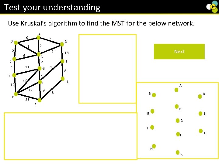 Test your understanding Use Kruskal’s algorithm to find the MST for the below network. Test your understanding Use Kruskal’s algorithm to find the MST for the below network.