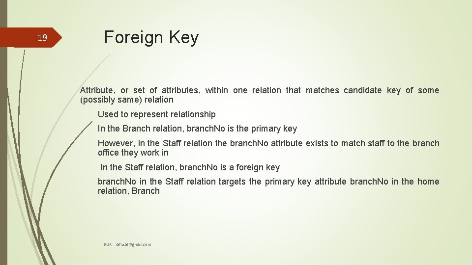 19 Foreign Key Attribute, or set of attributes, within one relation that matches candidate 19 Foreign Key Attribute, or set of attributes, within one relation that matches candidate