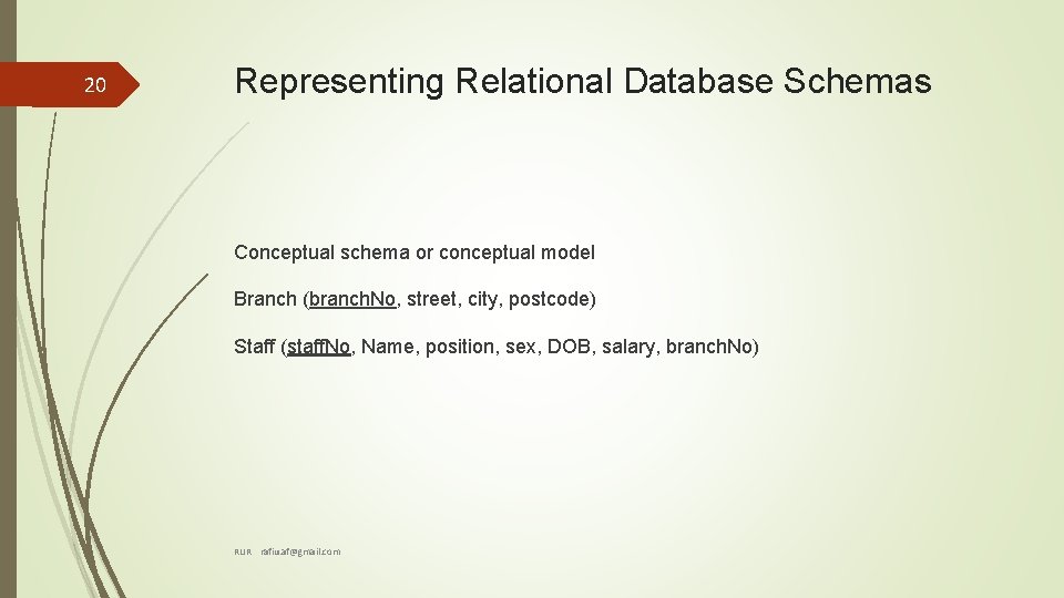 20 Representing Relational Database Schemas Conceptual schema or conceptual model Branch (branch. No, street, 20 Representing Relational Database Schemas Conceptual schema or conceptual model Branch (branch. No, street,