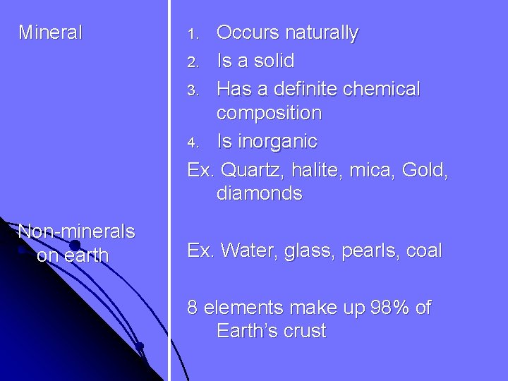 Mineral 1. Occurs naturally 2. Is a solid 3. Has a definite chemical composition