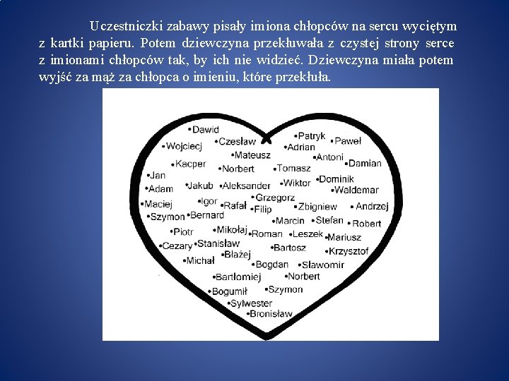 Uczestniczki zabawy pisały imiona chłopców na sercu wyciętym z kartki papieru. Potem dziewczyna przekłuwała