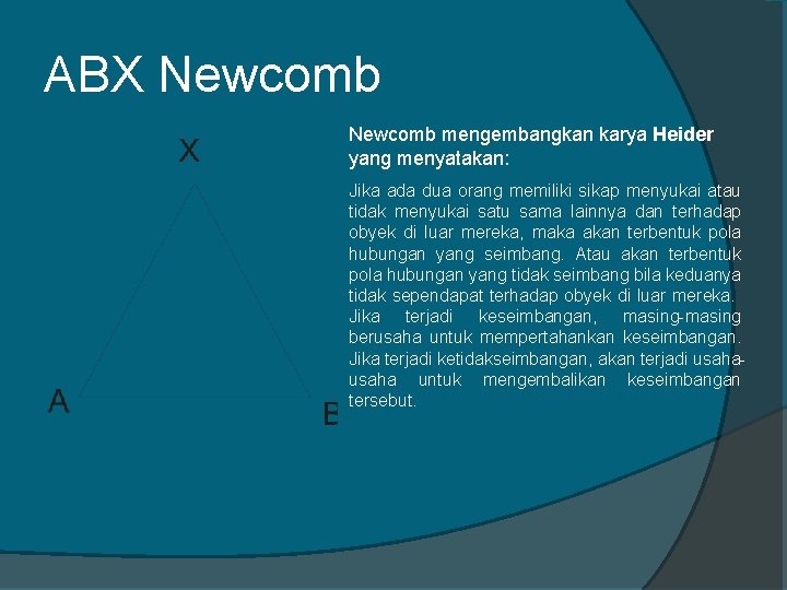 ABX Newcomb mengembangkan karya Heider yang menyatakan: Jika ada dua orang memiliki sikap menyukai