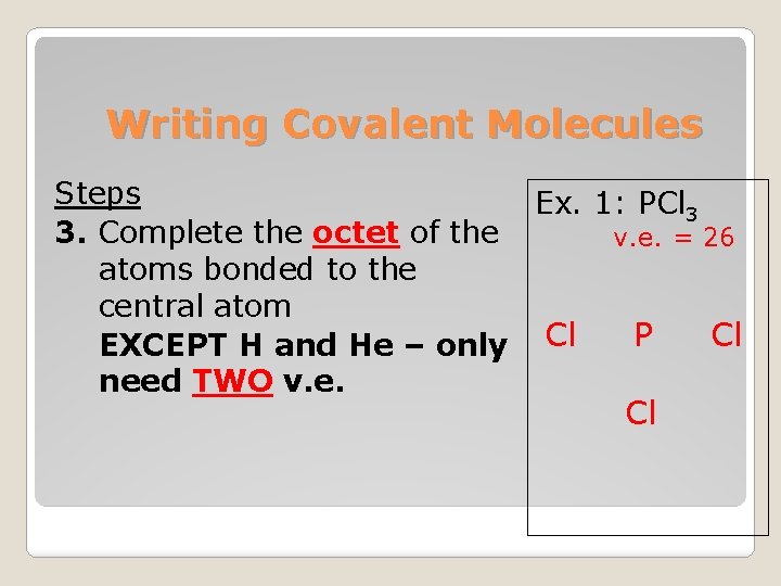 Writing Covalent Molecules Steps Ex. 1: PCl 3 3. Complete the octet of the