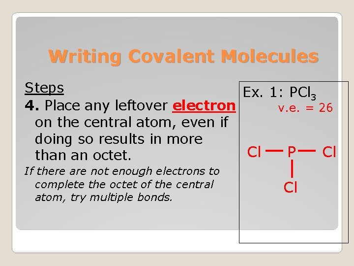 Writing Covalent Molecules Steps Ex. 1: PCl 3 4. Place any leftover electron v.