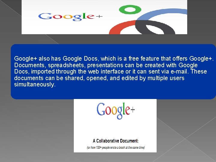 Google+ also has Google Docs, which is a free feature that offers Google+. Documents, Google+ also has Google Docs, which is a free feature that offers Google+. Documents,