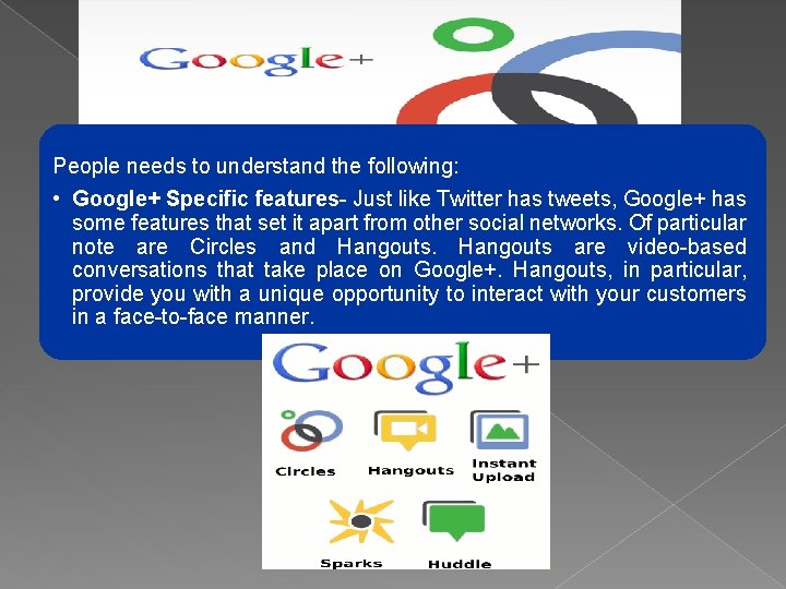 People needs to understand the following: • Google+ Specific features- Just like Twitter has People needs to understand the following: • Google+ Specific features- Just like Twitter has