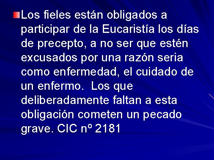 Los fieles están obligados a participar de la Eucaristía los días de precepto, a