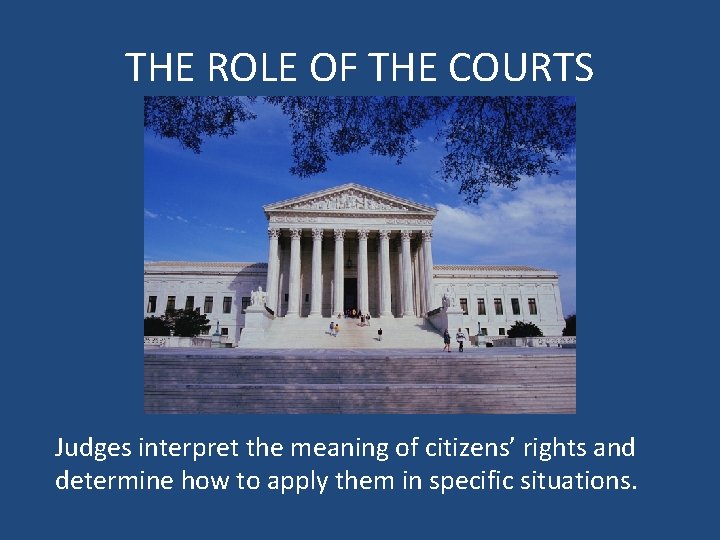 THE ROLE OF THE COURTS Judges interpret the meaning of citizens’ rights and determine