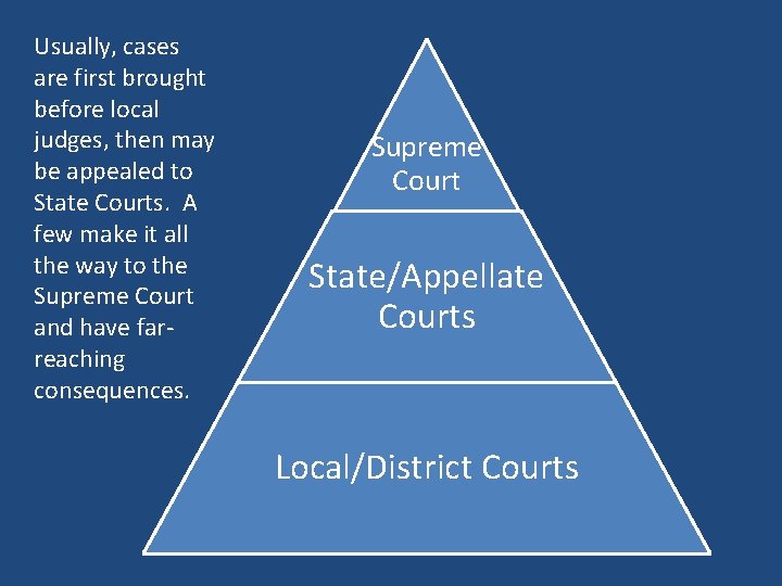 Usually, cases are first brought before local judges, then may be appealed to State