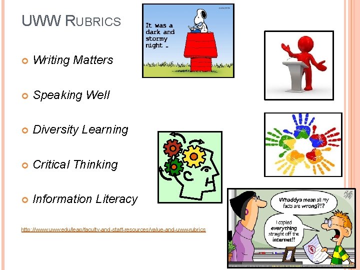UWW RUBRICS Writing Matters Speaking Well Diversity Learning Critical Thinking Information Literacy http: //www.