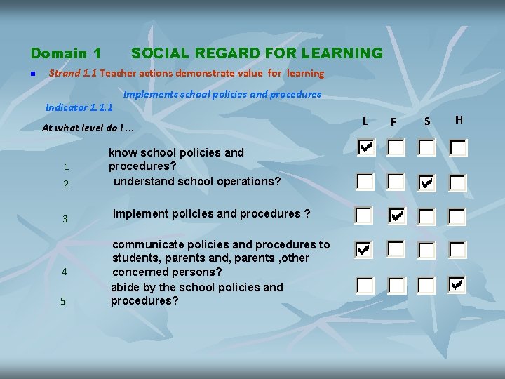 Domain 1 n SOCIAL REGARD FOR LEARNING Strand 1. 1 Teacher actions demonstrate value