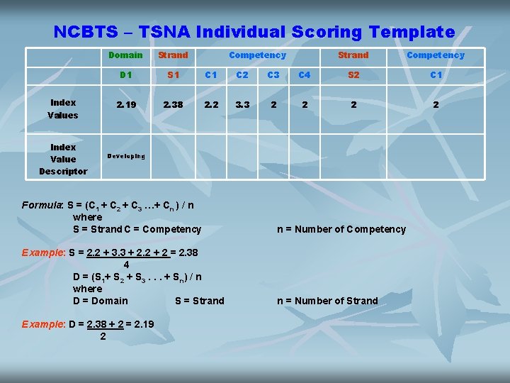 NCBTS – TSNA Individual Scoring Template Index Values Index Value Descriptor Domain Strand Competency