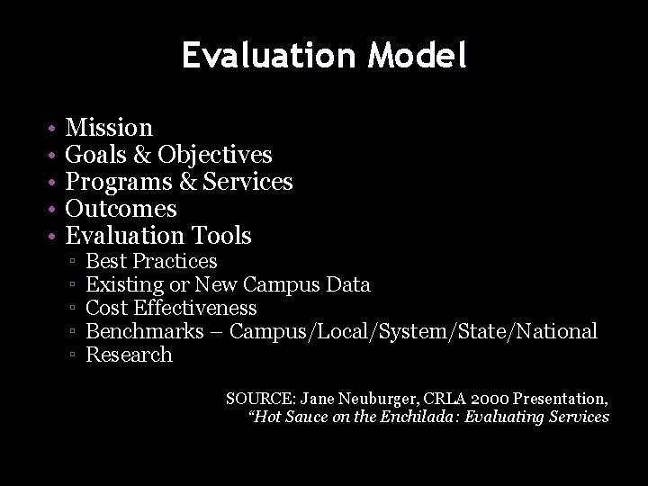Evaluation Model • • • Mission Goals & Objectives Programs & Services Outcomes Evaluation