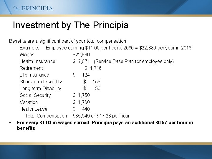 Investment by The Principia Benefits are a significant part of your total compensation! Example: