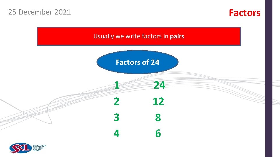 Factors 25 December 2021 Usually we write factors in pairs Factors of 24 1