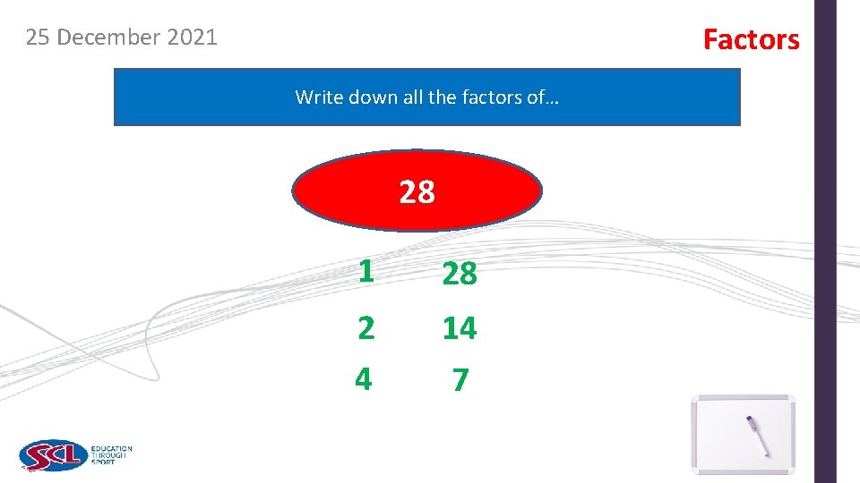 Factors 25 December 2021 Write down all the factors of… 28 1 28 2