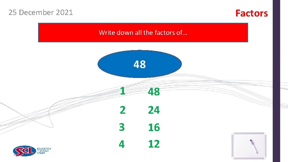 Factors 25 December 2021 Write down all the factors of… 48 1 48 2