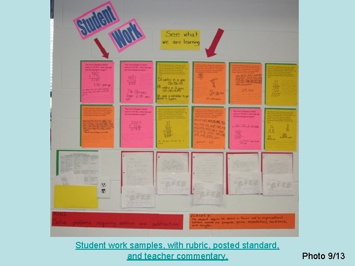 Student work samples, with rubric, posted standard, and teacher commentary. Photo 9/13 