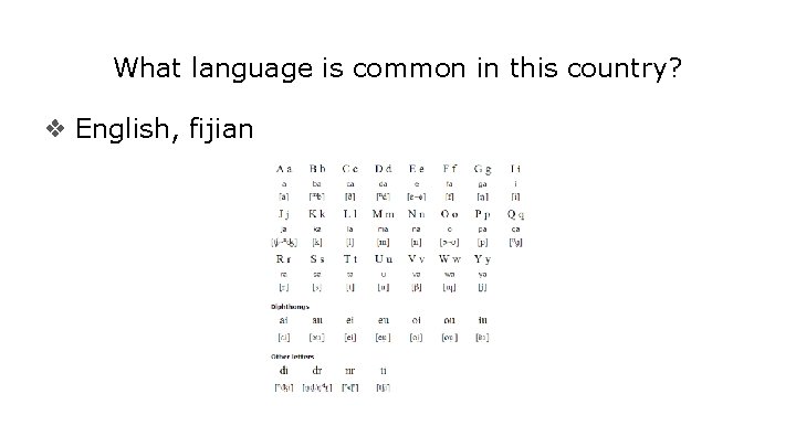 What language is common in this country? ❖ English, fijian 