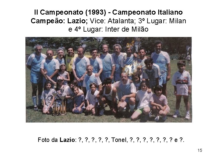II Campeonato (1993) - Campeonato Italiano Campeão: Lazio; Vice: Atalanta; 3º Lugar: Milan e