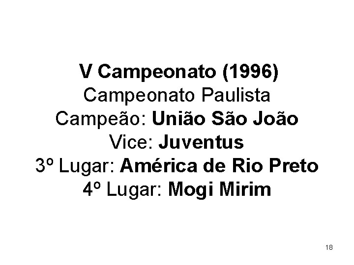 V Campeonato (1996) Campeonato Paulista Campeão: União São João Vice: Juventus 3º Lugar: América