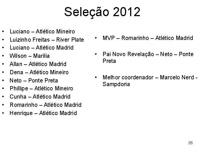 Seleção 2012 • • • Luciano – Atlético Mineiro Luizinho Freitas – River Plate