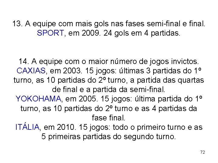13. A equipe com mais gols nas fases semi-final e final. SPORT, em 2009.