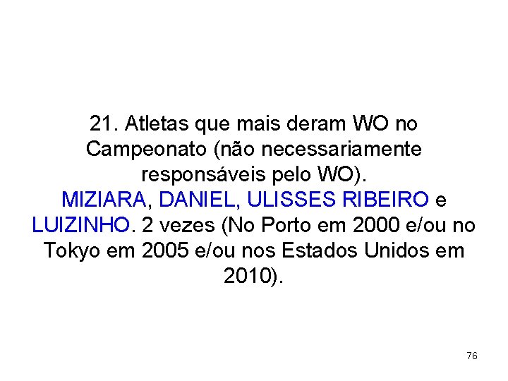 21. Atletas que mais deram WO no Campeonato (não necessariamente responsáveis pelo WO). MIZIARA,