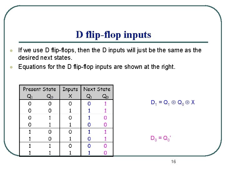 D flip-flop inputs l l If we use D flip-flops, then the D inputs