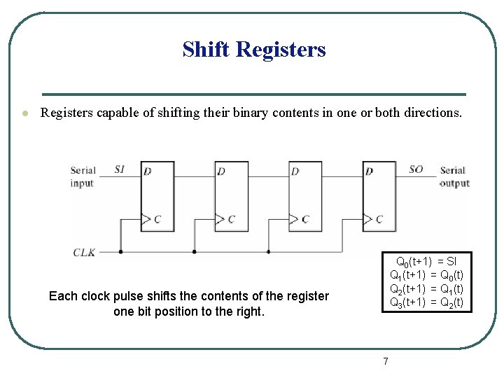 Shift Registers l Registers capable of shifting their binary contents in one or both