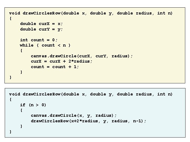 void draw. Circles. Row(double x, double y, double radius, int n) { double cur.