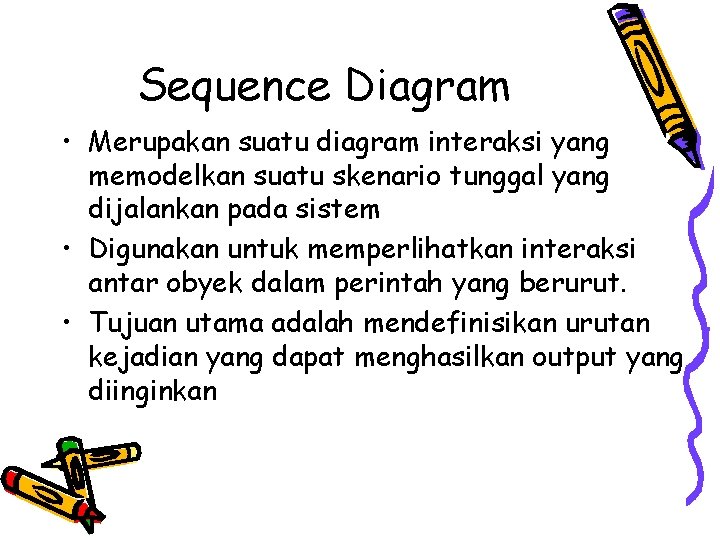 Sequence Diagram • Merupakan suatu diagram interaksi yang memodelkan suatu skenario tunggal yang dijalankan