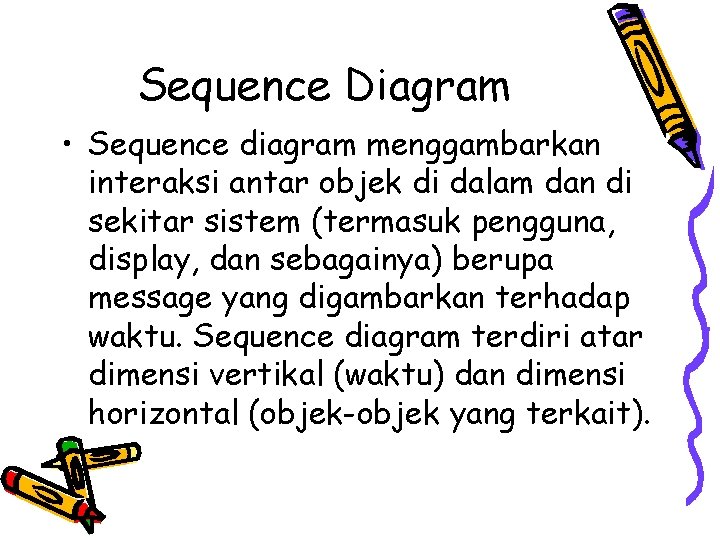 Sequence Diagram • Sequence diagram menggambarkan interaksi antar objek di dalam dan di sekitar