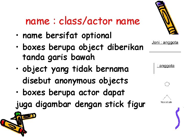 name : class/actor name • name bersifat optional • boxes berupa object diberikan tanda